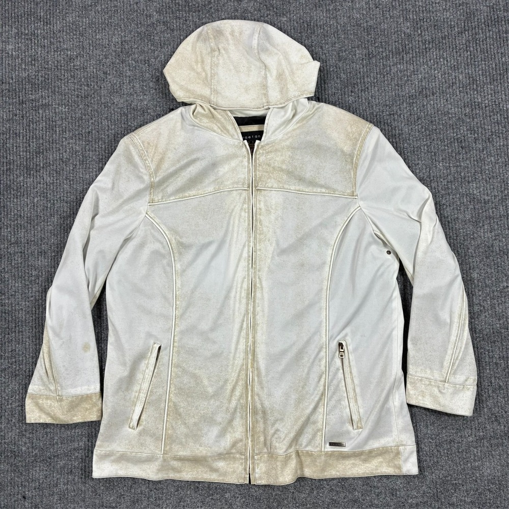 Braetan Womens Hooded Faux Leather Jacket Size 1X Full Zip Cream Distressed